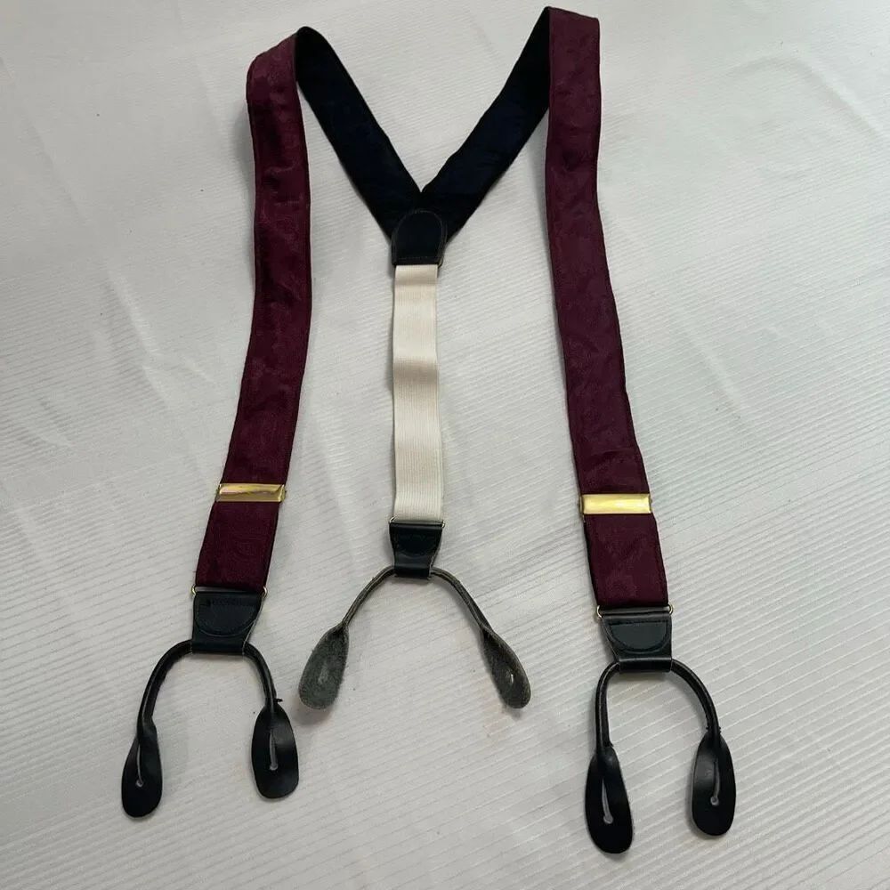 Vintage Maroon Paisley Suspenders Black Leather Braces Unbranded